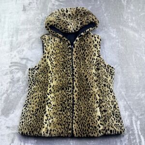 Kristen Blake Leopard Faux Fur Vest Womens‎ M/M Hooded Sleeveless Jacket Boho